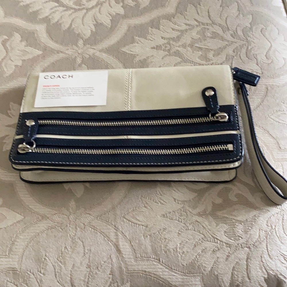 Coach Cream Wristlet with Navy Trim